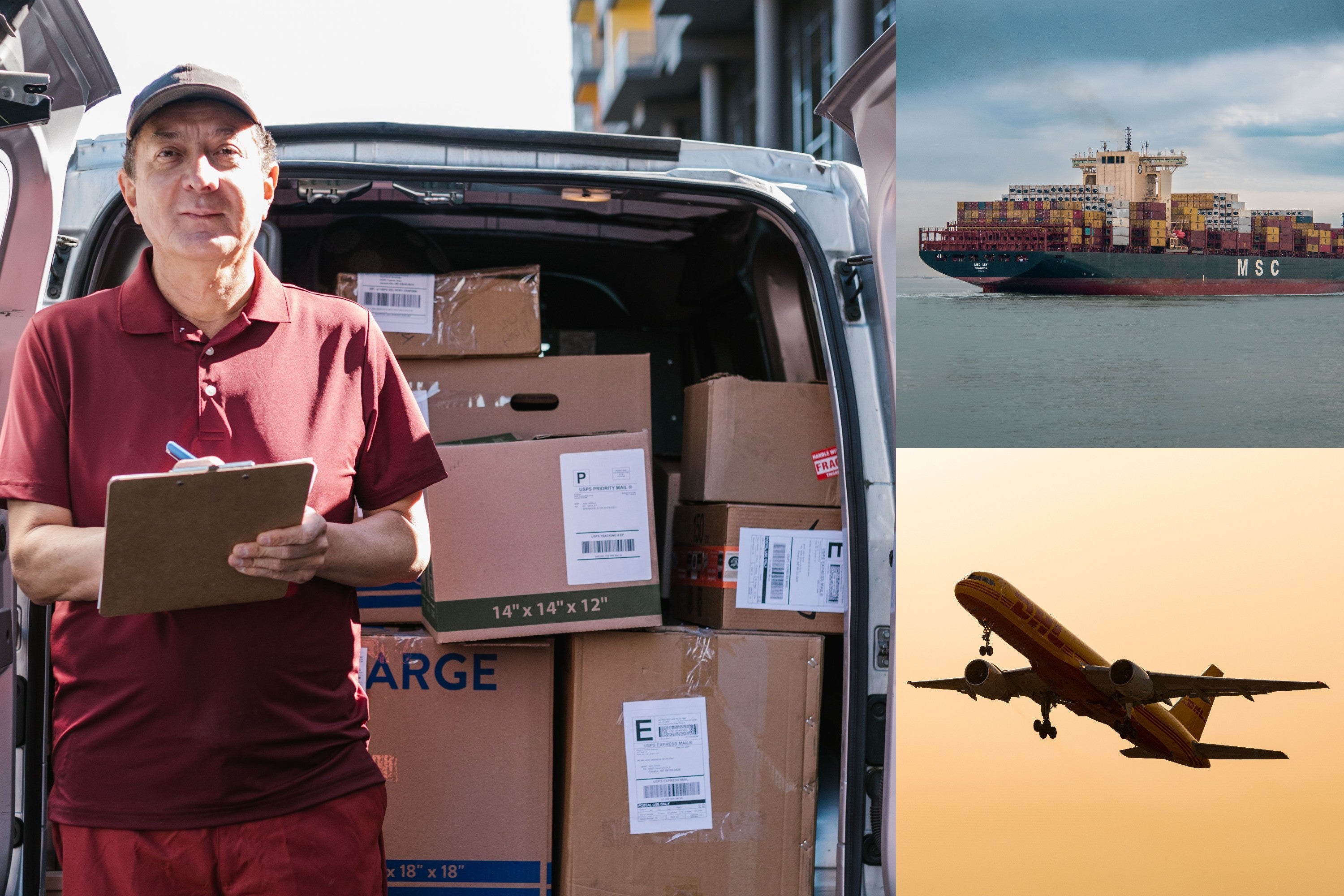 Delivery planning imagery showing cartons, ocean freight and air freight