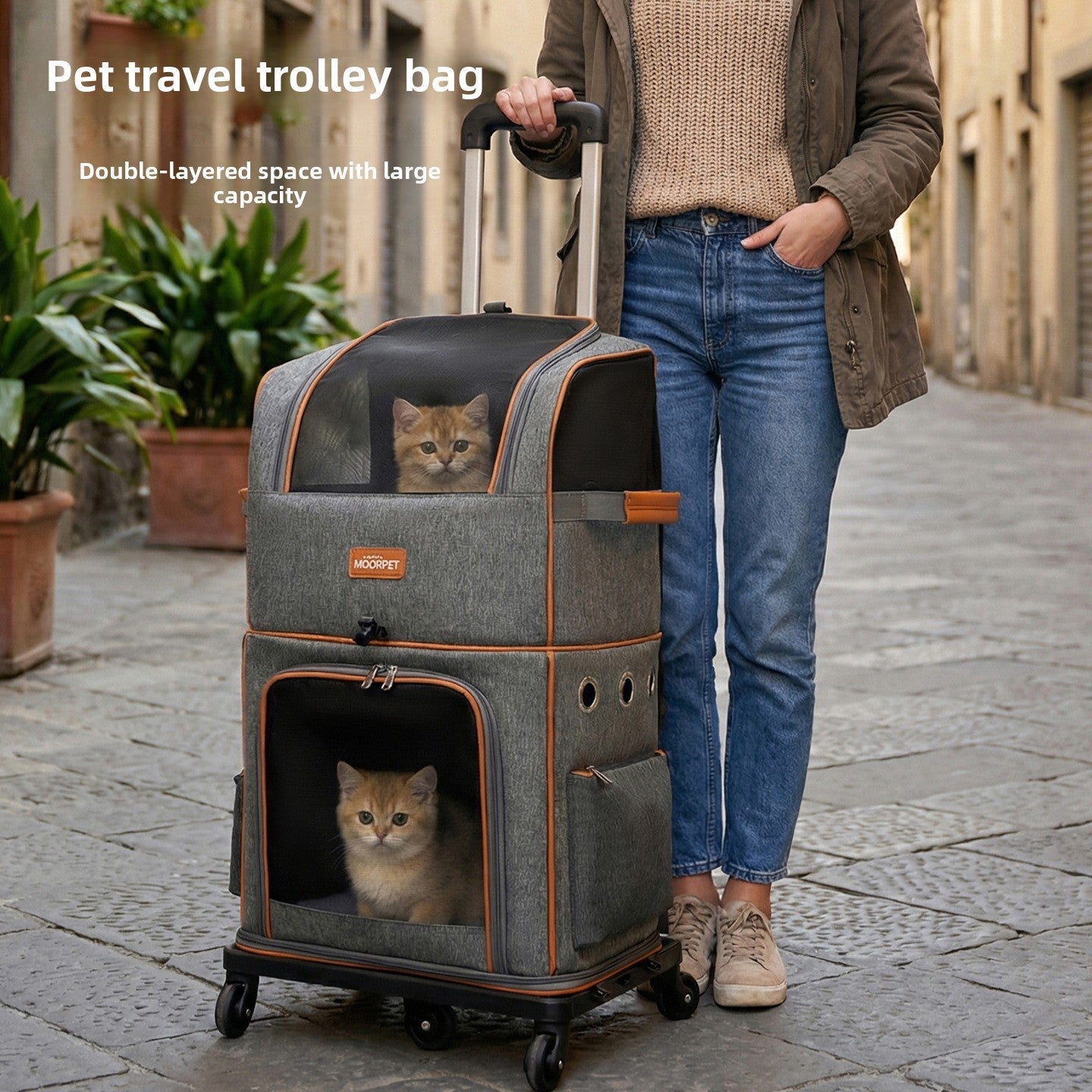 Polyester Wheeled Pet Carrier with Trolley